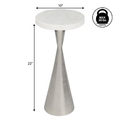 22" Metal Drink Table and Decorative End Table with White Marble Round Top and Cone Pedestal Base