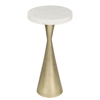 22" Metal Drink Table and Decorative End Table with White Marble Round Top and Cone Pedestal Base