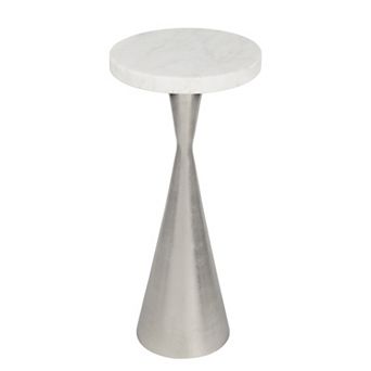 22" Metal Drink Table and Decorative End Table with White Marble Round Top and Cone Pedestal Base