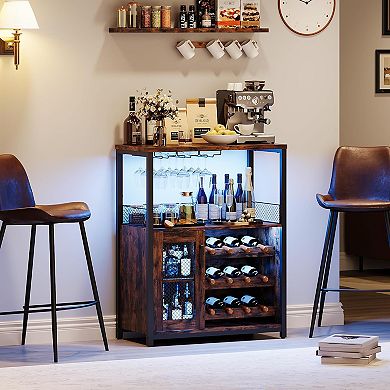 3-Tier Wine Bar Cabinet with LED Lights, Detachable Rack & Glass Holder for Living Room