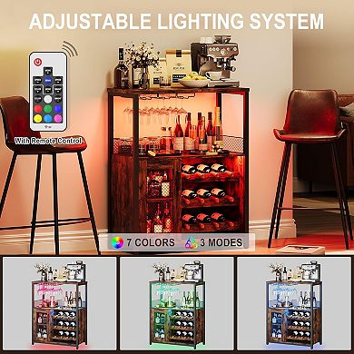 3-Tier Wine Bar Cabinet with LED Lights, Detachable Rack & Glass Holder for Living Room