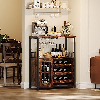 3-Tier Wine Bar Cabinet with LED Lights, Detachable Rack & Glass Holder for Living Room
