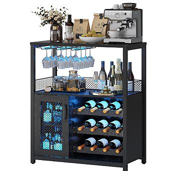 3 tier Wine Bar Cabinet with LED Lights, Detachable Rack & Glass Holder for Living Room