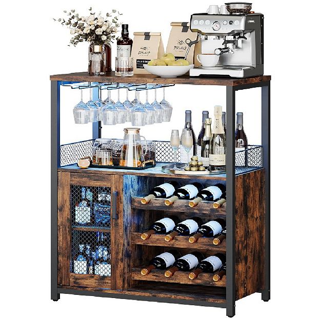 3-Tier Wine Bar Cabinet with LED Lights, Detachable Rack & Glass Holder for  Living Room