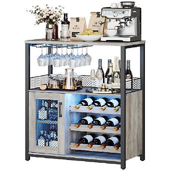 3 tier Wine Bar Cabinet with LED Lights, Detachable Rack & Glass Holder for Living Room