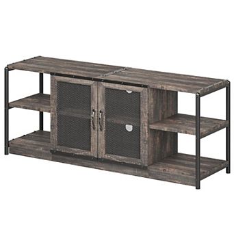 63 Inch Farmhouse Style TV Console with Storage Shelves & Cabinet, Wooden