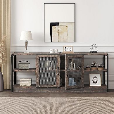63 Inch Farmhouse Style TV Console with Storage Shelves & Cabinet, Wooden
