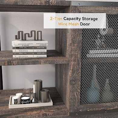 63 Inch Farmhouse Style TV Console with Storage Shelves & Cabinet, Wooden