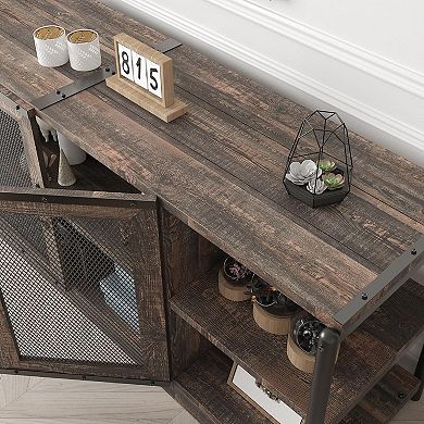 63 Inch Farmhouse Style TV Console with Storage Shelves & Cabinet, Wooden