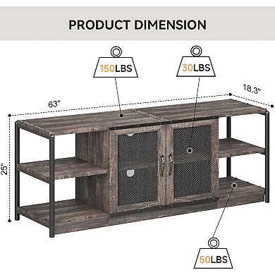 63 Inch Farmhouse Style TV Console with Storage Shelves & Cabinet, Wooden