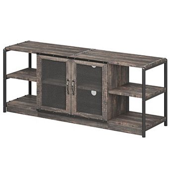 63 Inch Farmhouse Style TV Console with Storage Shelves & Cabinet, Wooden