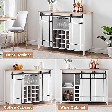 Modern Wine & Coffee Station with 16-Bottle Rack, Farmhouse Sideboard with Sliding Door Storage