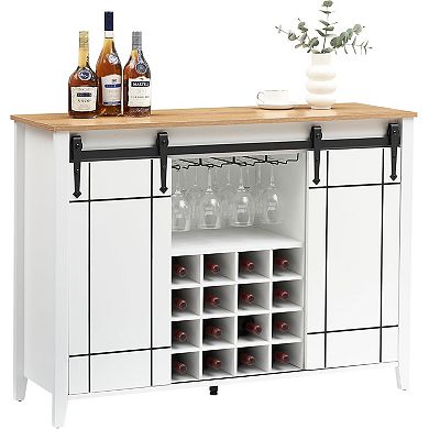 Modern Wine & Coffee Station with 16-Bottle Rack, Farmhouse Sideboard with Sliding Door Storage