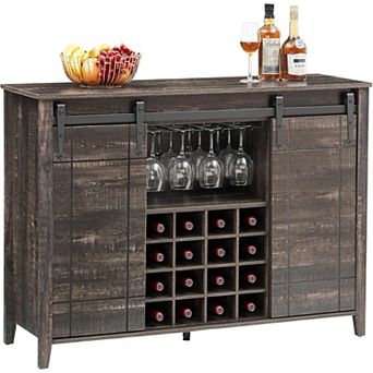 Modern Wine & Coffee Station with 16-Bottle Rack, Farmhouse Sideboard with Sliding Door Storage