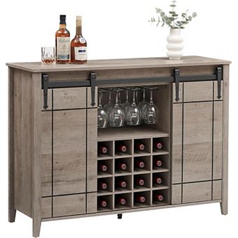 Modern Wine & Coffee Station with 16-Bottle Rack, Farmhouse Sideboard with Sliding Door Storage