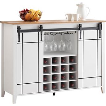 Modern Wine & Coffee Station with 16-Bottle Rack, Farmhouse Sideboard with Sliding Door Storage