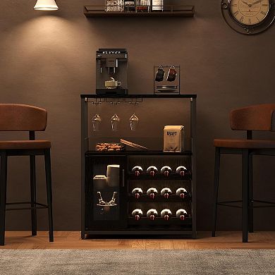 Wine & Coffee Bar Cabinet with Detachable Rack, Adjustable Shelves & Glass Holders for Kitchen