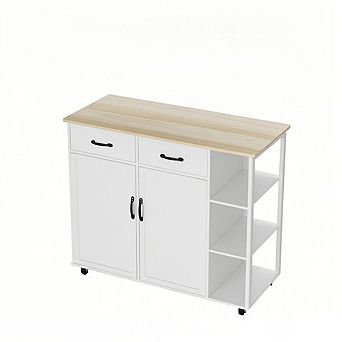 Rolling Kitchen Island with Drop Leaf, 2 Drawers, Adjustable Shelves & Wheels White Kitchen Cart