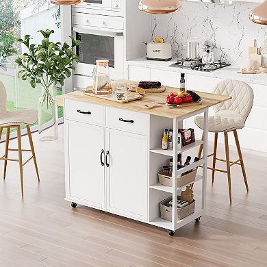 Rolling Kitchen Island with Drop Leaf, 2 Drawers, Adjustable Shelves & Wheels White Kitchen Cart