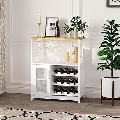 Wine & Coffee Bar Cabinet with Detachable Rack, Adjustable Shelves & Glass Holders for Kitchen
