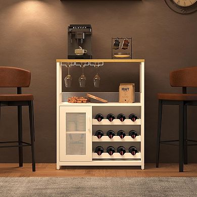 Wine & Coffee Bar Cabinet with Detachable Rack, Adjustable Shelves & Glass Holders for Kitchen