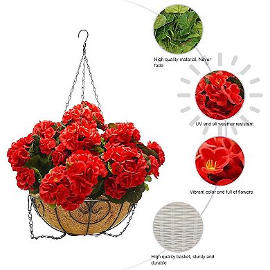 2-Pack Artificial Geraniums in Brown Baskets, Outdoor Hanging Flowers for Porch, Patio&Garden Decor