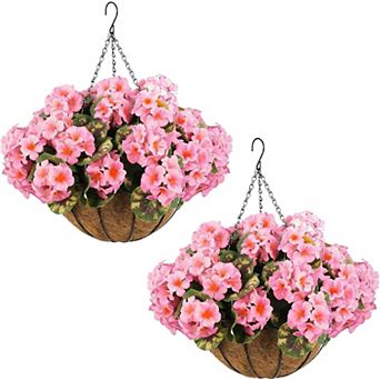 2-Pack Artificial Geraniums in Brown Baskets, Outdoor Hanging Flowers for Porch, Patio&Garden Decor