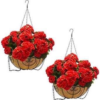 2-Pack Artificial Geraniums in Brown Baskets, Outdoor Hanging Flowers for Porch, Patio&Garden Decor