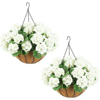 2-Pack Artificial Geraniums in Brown Baskets, Outdoor Hanging Flowers for Porch, Patio&Garden Decor
