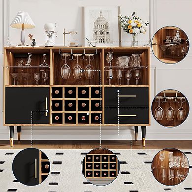 Wine Bar Cabinet with Charging Station & LED Lights, Modern Buffet with Wine Racks