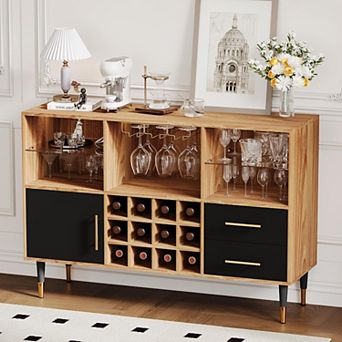 Wine Bar Cabinet with Charging Station & LED Lights, Modern Buffet with Wine Racks