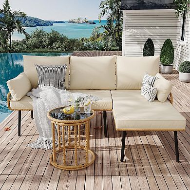 3 Piece Patio Furniture Set,L-Shaped Rattan Patio Set - Detachable Lounger, Tempered Glass Table