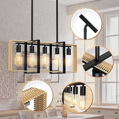 5-Light Kitchen Island Light Fixture, Adjustable Rattan & Metal Pendant Chandelier for Dining Room