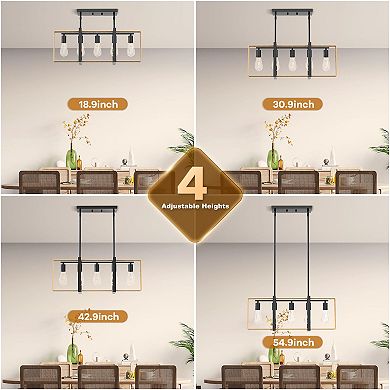 5-Light Kitchen Island Light Fixture, Adjustable Rattan & Metal Pendant Chandelier for Dining Room