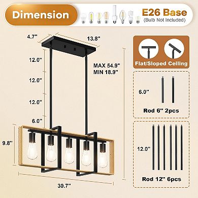5-Light Kitchen Island Light Fixture, Adjustable Rattan & Metal Pendant Chandelier for Dining Room