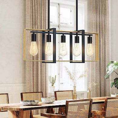 5-Light Kitchen Island Light Fixture, Adjustable Rattan & Metal Pendant Chandelier for Dining Room