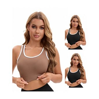 3 Packs Women's Open Back Workout Tank with Built-In Bras Constrast Color Crop Sports Vest