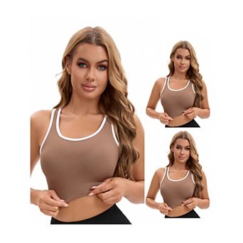3 Packs Women's Open Back Workout Tank with Built-In Bras Constrast Color Crop Sports Vest