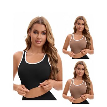 3 Packs Women's Open Back Workout Tank with Built-In Bras Constrast Color Crop Sports Vest