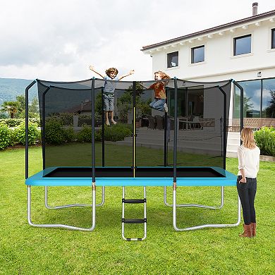 Gymax 8 x 14 FT Rectangular Recreational Trampoline W/ Safety Enclosure Net Ladder Outdoor Blue