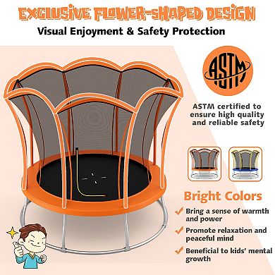 Gymax 10FT Certified Recreation Trampoline w/ Exclusive Flower Shape Enclosure Net Orange