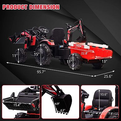 24V 3 in 1 Kids Ride on Tractor, Excavator & Bulldozer, Electric Vehicle w/Trailer, Shovel Bucket