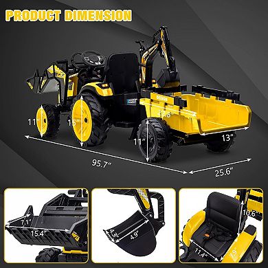24V 3 in 1 Kids Ride on Tractor, Excavator & Bulldozer, Electric Vehicle w/Trailer, Shovel Bucket