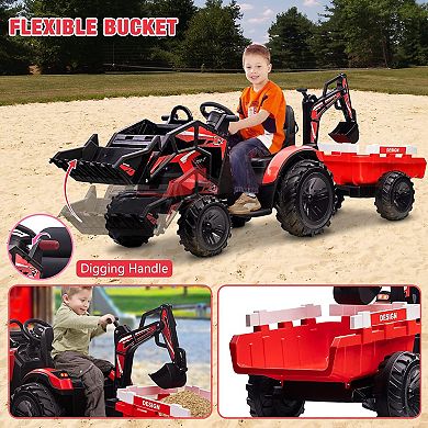 24V 3 in 1 Kids Ride on Tractor, Excavator & Bulldozer, Electric Vehicle w/Trailer, Shovel Bucket
