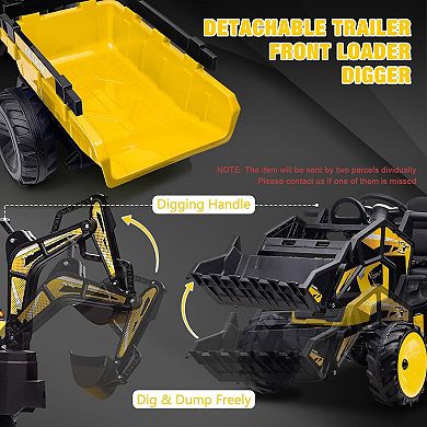 24V 3 in 1 Kids Ride on Tractor, Excavator & Bulldozer, Electric Vehicle w/Trailer, Shovel Bucket