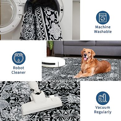 Metro Collection Non Slip Stain Resistant Washable Floral Area Rug For Living Room