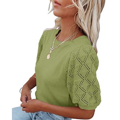Women's Short Sleeve Knit Top Crew Neck Lightweight Crochet Pullover Summer Tees
