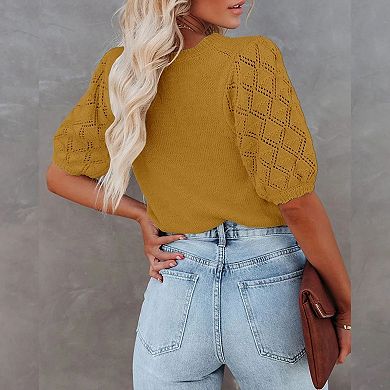Women's Short Sleeve Knit Top Crew Neck Lightweight Crochet Pullover Summer Tees