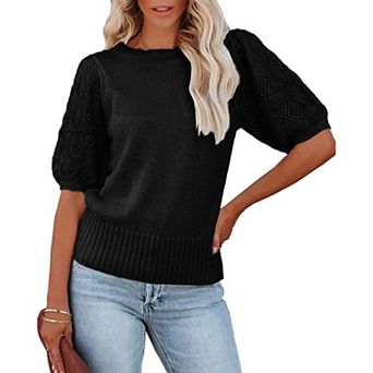 Women's Short Sleeve Knit Top Crew Neck Lightweight Crochet Pullover Summer Tees