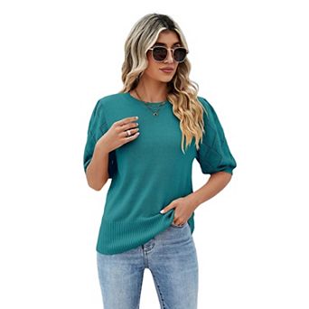 Women's Short Sleeve Knit Top Crew Neck Lightweight Crochet Pullover Summer Tees